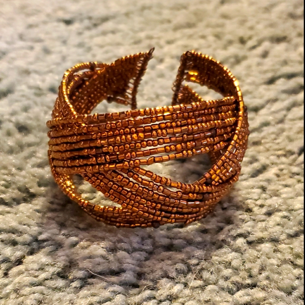 Copper Colored Beads Beaded Cuff Accent Bracelet